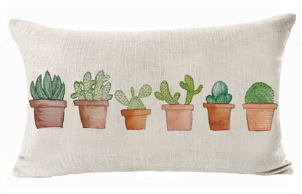 Cactus Potted Plants Cotton Linen Throw Pillow Cover Cushion Case Home Office Decorative Rectangle 12 X 20 inches