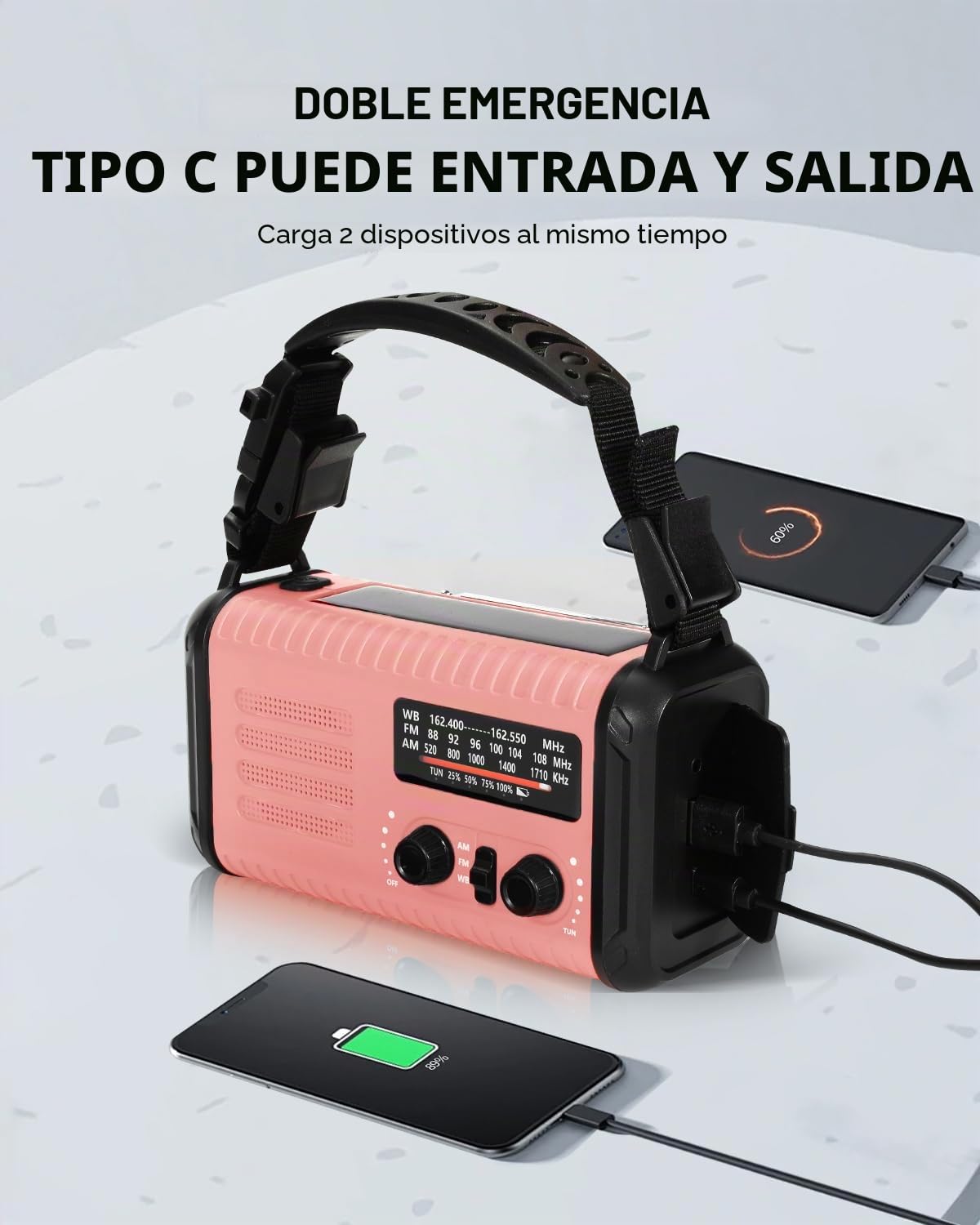 Radio Kurbel de 20000 mAh, radio de notificación solar portátil con amplificador AM/FM, alarma SOS, lámpara de luz LED y lámpara de bolsillo, notificación de caída (Rosa)