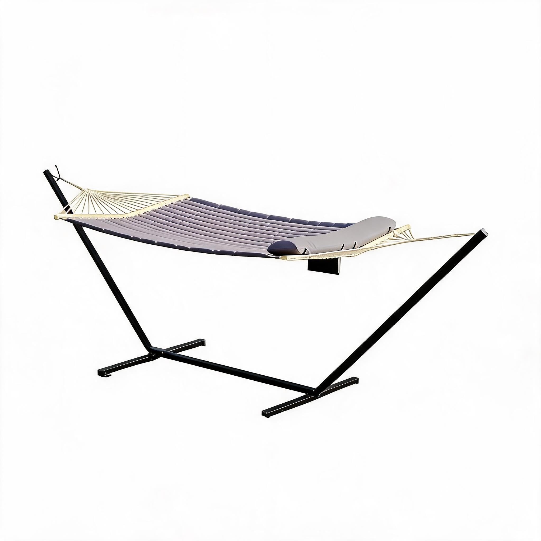 Double Hammock with Stand Included, 500LBS Foldable Hammock，12FT Hardwood Spreader Bar Quilted Polyester Portable Indoor Outdoor Dark Gray