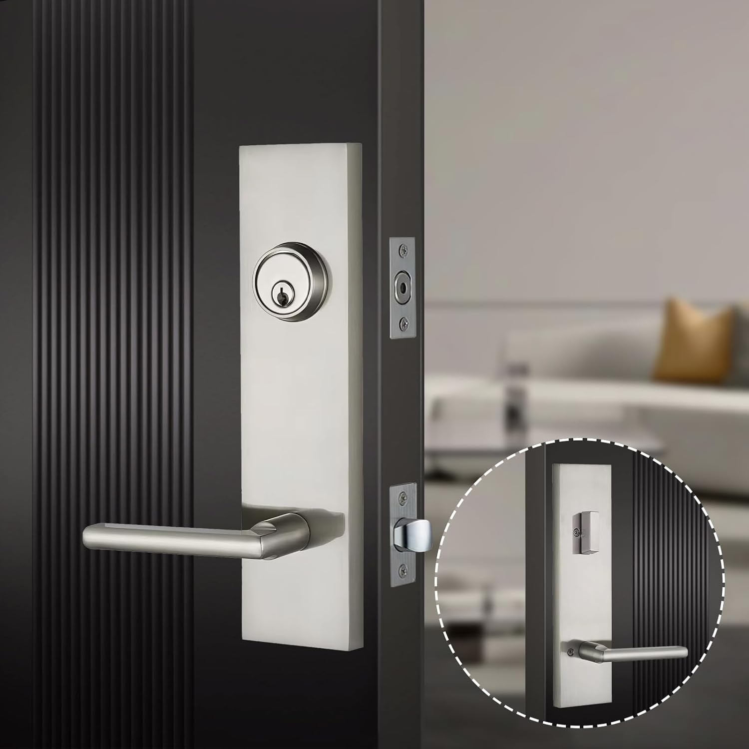 Front Door Handle -Modern Brushed Exterior Door Lock Set with 3 Keys for Interior and Exterior Doors,Suitable for doors with a thickness of 1-3/8" to 1-9/16", Zinc Alloy (Brushed Satin Nickel)
