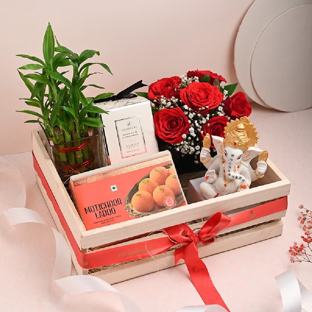 FlowerAura Premium Gift Hamper of Lucky Bamboo, Candle, Laddoo, 6 Red Roses & Ganesha In Box Gift For Birthday | Anniversary | Love | Girlfriend's Day | Mothers Day Gift For Mom (Same Day Delivery)-image-46