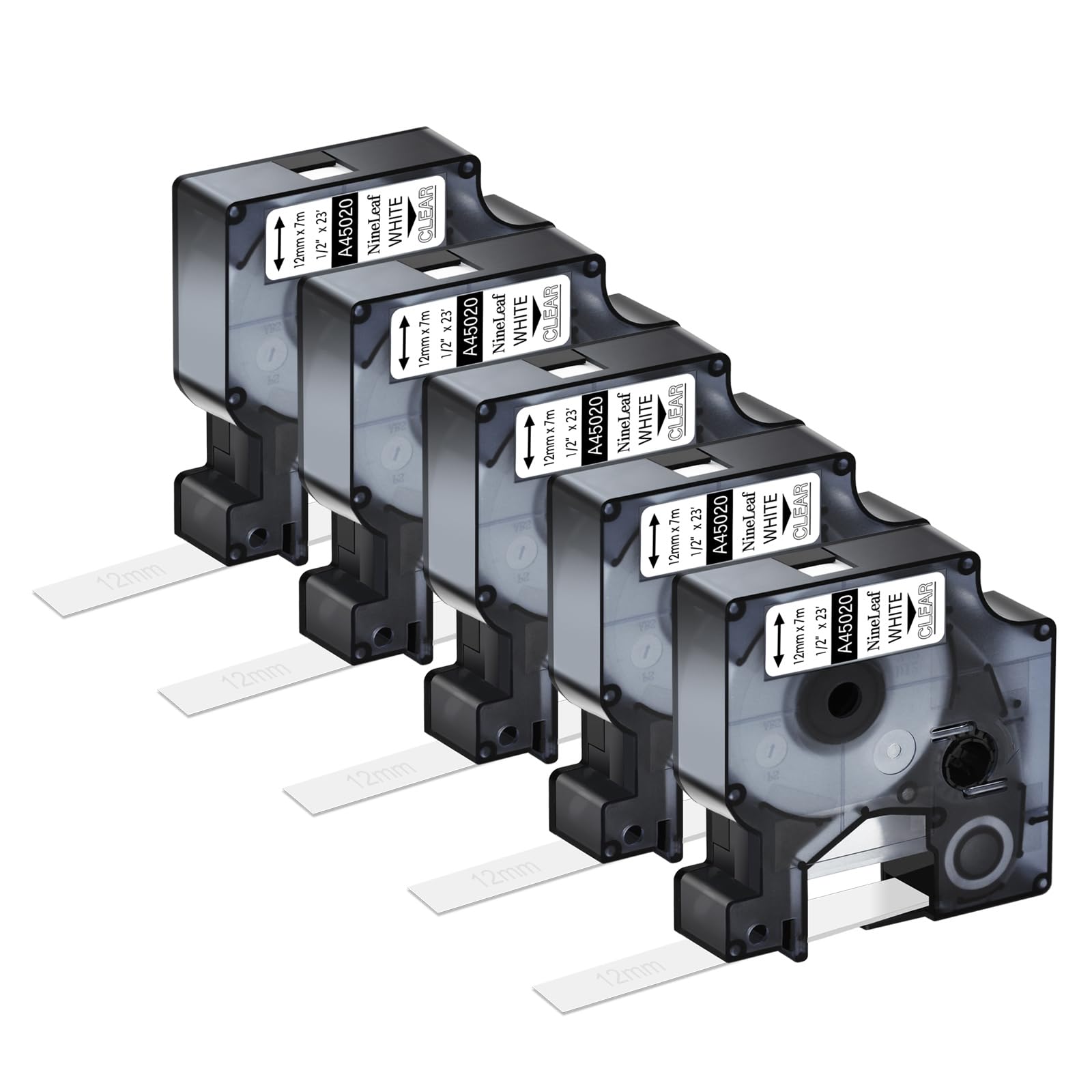 NineLeaf 5 Pack Compatible with Dymo D1 Label Tape 45020 S0720600 A45020 White on Clear 12mm x 7m for Dymo Label Maker Refills for Dymo LabelManager 160 280 420P 450D 500TS Label Maker