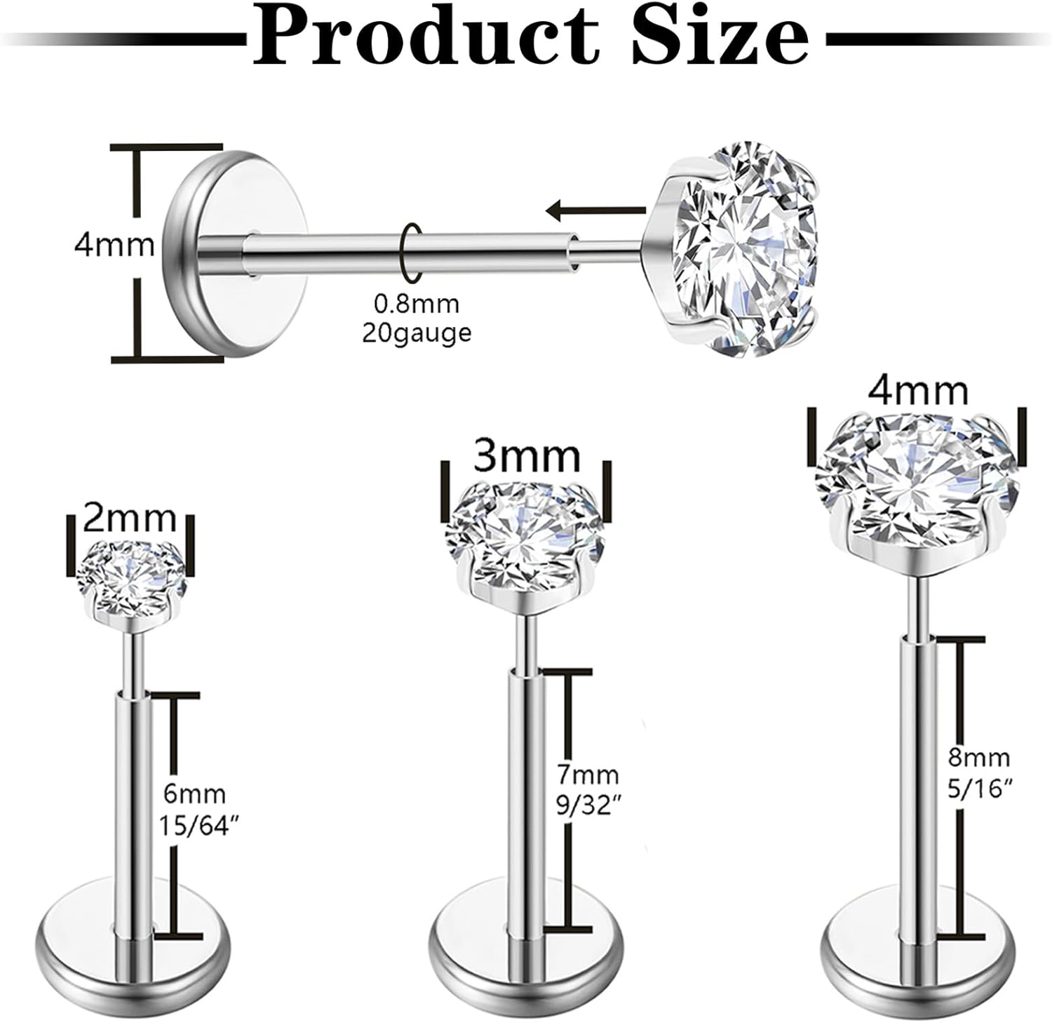 20G Flat Back Earrings Stud G23 Titanium Threadless Tragus Labret Cartilage Lip Medusa Conch Body Piercing Jewelry Hypoallergenic for Women Men - Image 2