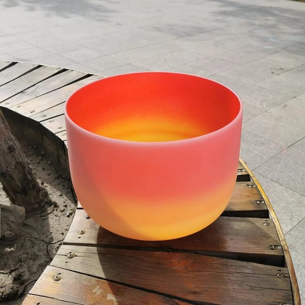 XBTGS Campana tibetana per chakra dell'ombelico da 25,4 cm, in quarzo satinato, colore rosso e giallo, per meditazione yoga, meditazione, con nota a D arcobaleno, ciotola + borsa