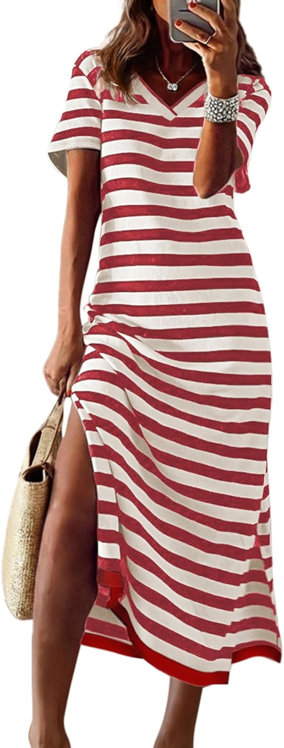 Dokotoo Summer Dress Casual Womens Fashion Short Sleeve Maxi Dress T Shirt Dress Striped Long Color Block Maxi Dress