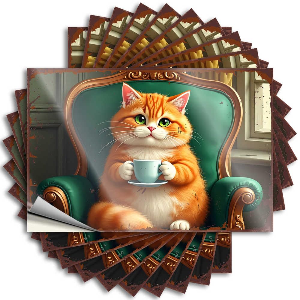 Decal Cheap Stuff for Teens Garage Fluffy Orange Cat Enjoying Tea in an Elegant Chair - No Residue Decals for Taupe(6X9CM)
