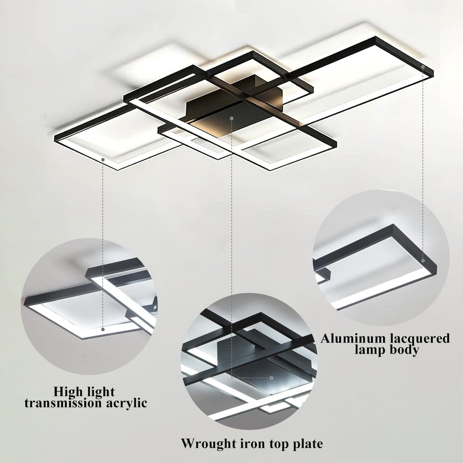 TYJY LED Deckenleuchte 60W Dimmbar Deckenlampe Wohnzimmer, Moderne Rechteckige Wohnzimmerlampe mit Fernbedienung, 3000K-6000K, Deckenbeleuchtung Lampe für Schlafzimmer Wohnzimmer (80cm, Schwarz)