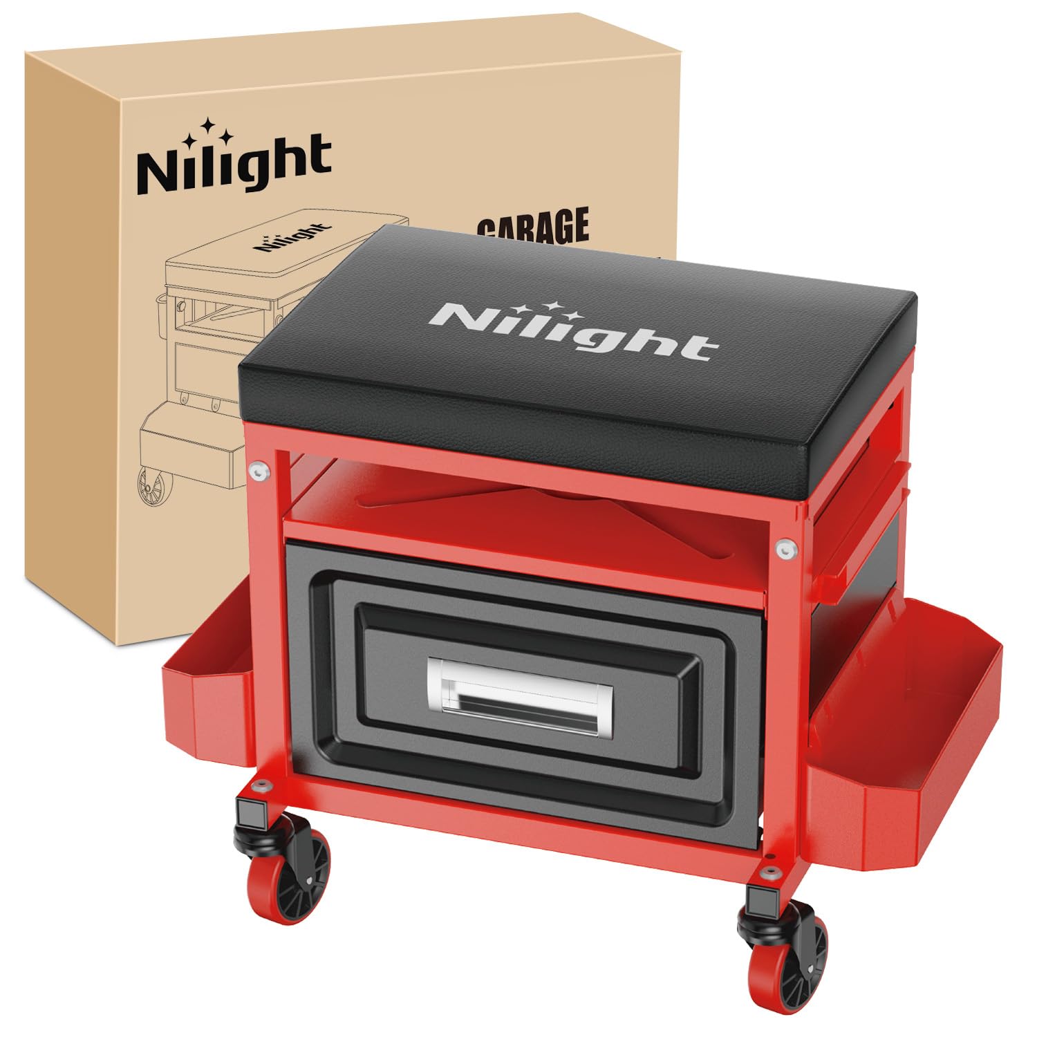 Nilight Rolling Mechanic Stool 350LBS Red Adjustable Garage Creeper Seat