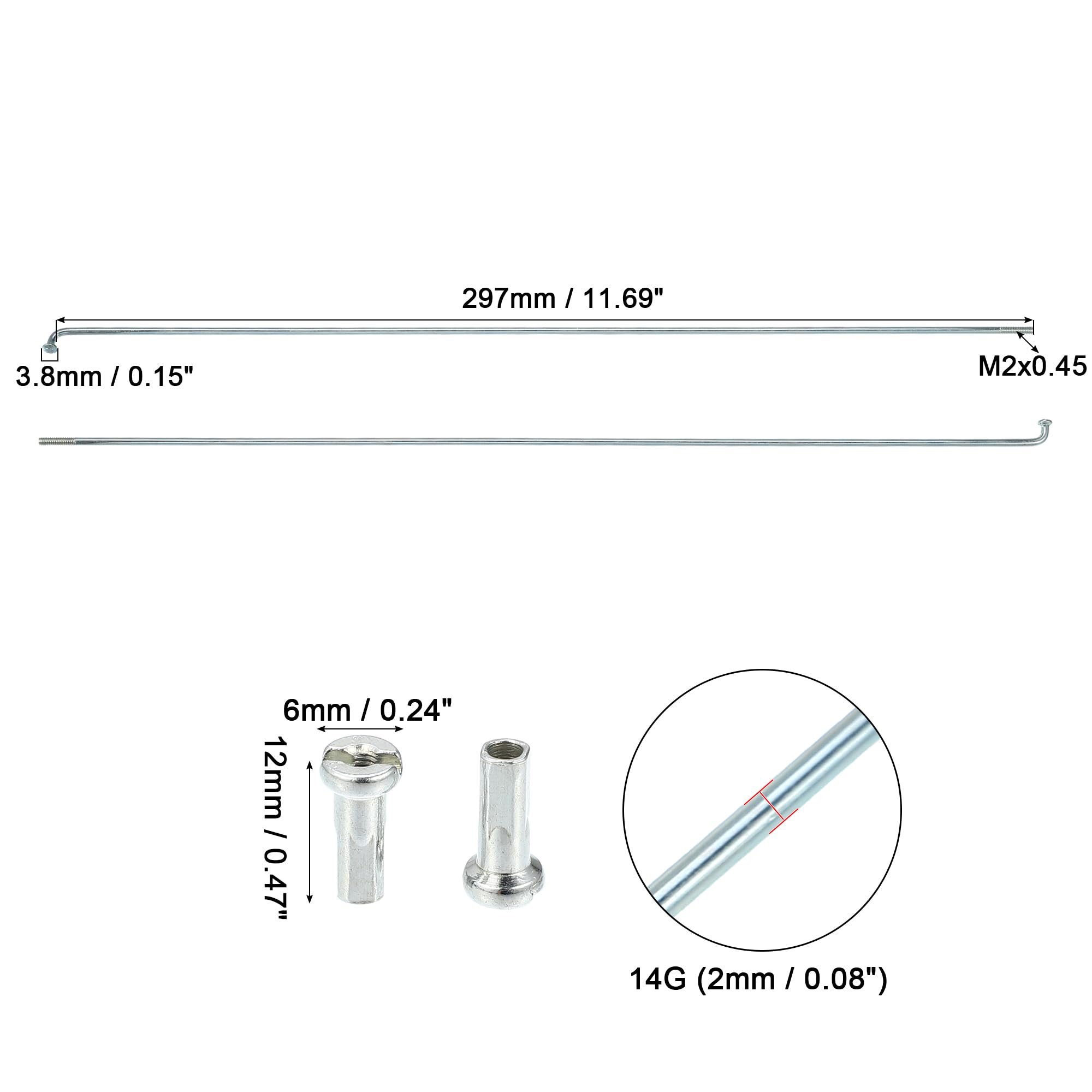 QUARKZMAN 36 Pièces Rayons De Vélo 14G J-Coudé Argenté | 297mm, Calibre 14G, Diamètre Tête 3.8mm, Diamètre Filetage M2x0.45, Avec Écrous, Pour Jantes Et Moyeux, Mesurer Avant Achat