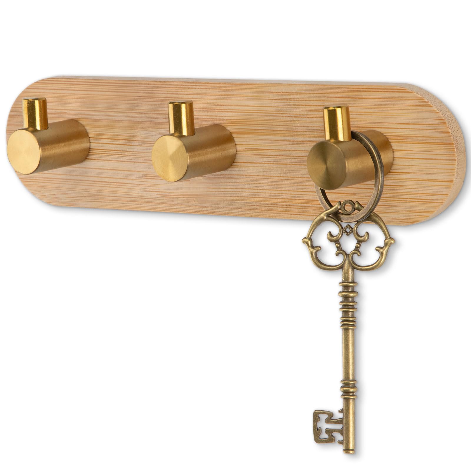 Nekon Bamboo Key Holder for Wall, Wall Mount Key Organizer with 3 Hooks, Decorative Coat Rack for Entryway, Kitchen, Bedroom, Bathroom (Gold Hooks)