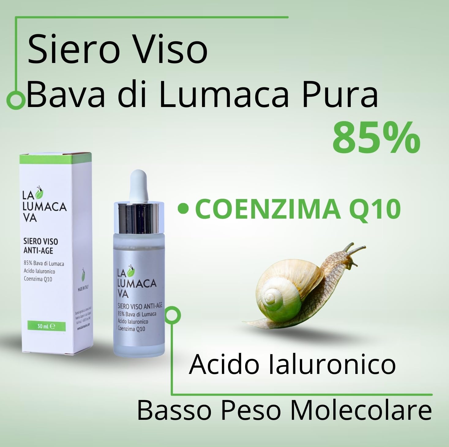 Schneckenschleim-Serum 85 % rein, mit niedermolekularer Hyaluronsäure und Coenzym Q10, Anti-Falten-Serum, feuchtigkeitsspendend, geeignet als Gesichtsserum für fettige, trockene und
