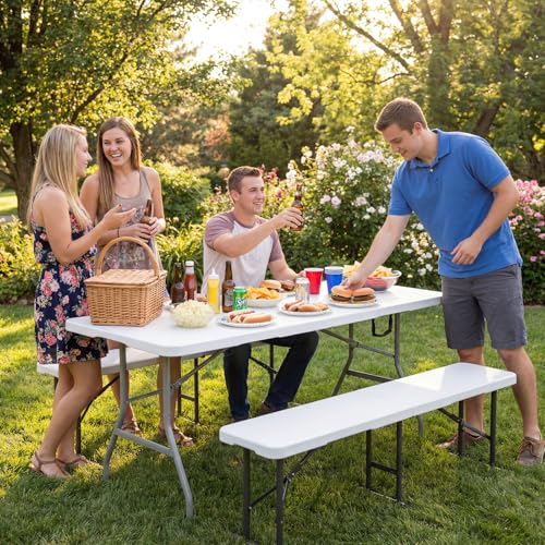 Image of Byliable Folding Table 6ft, Heavy Duty Portable Plastic Fold-in-Half Utility Table with Carrying Handle for Indoor Outdoor, Camping Picnic Party, White
