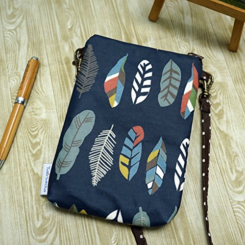 Image of Taianda Women Cell Phone Crossbody Wallet Pouch (Feather Pattern Navy Blue)