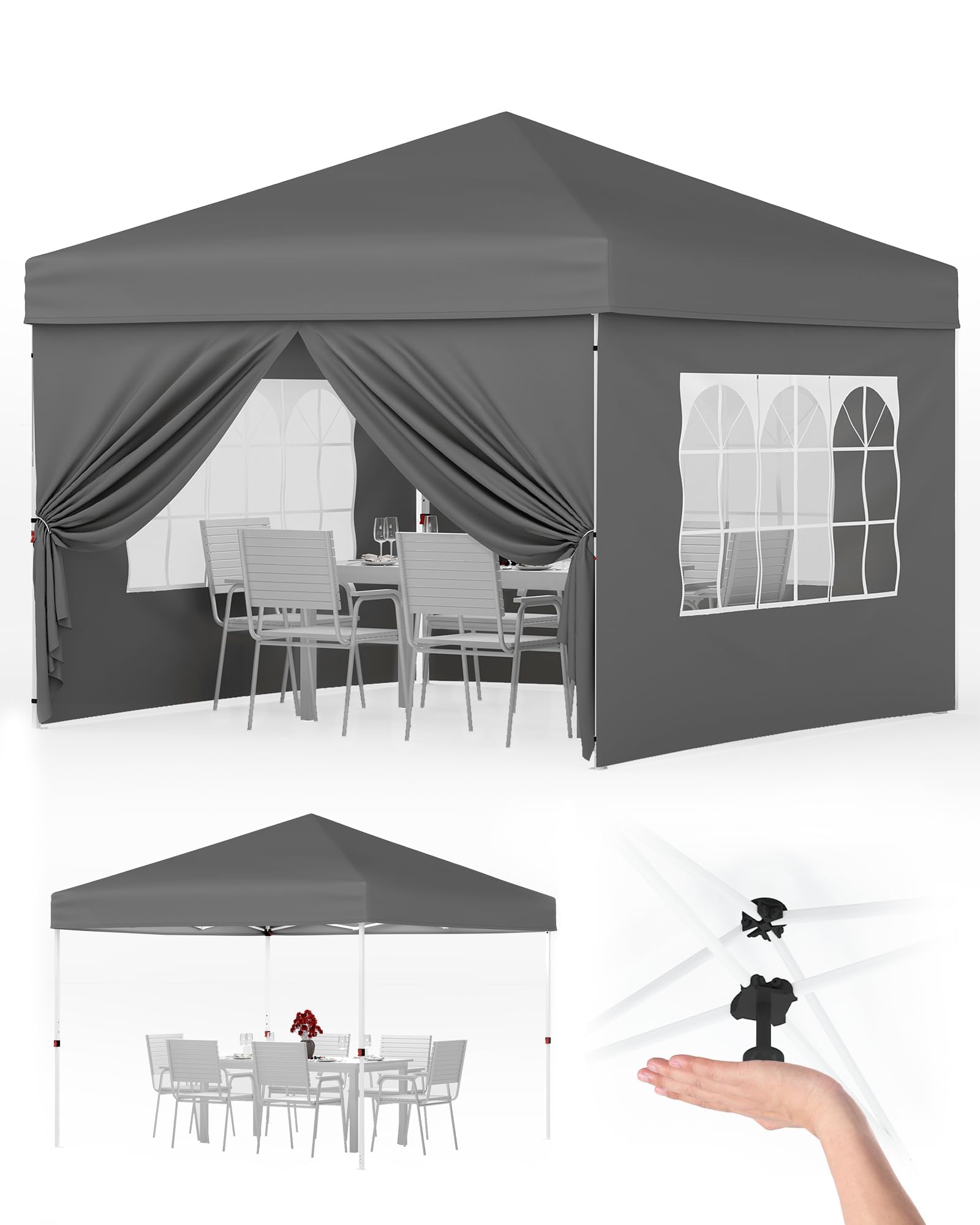 Faltpavillon Wasserdicht mit 4 Seitenwänden – Pop-up Pavillon Grau, UV-Schutz 50+, 3-Fach Höhenverstellbar, Stahlrahmen – Ideal für Garten, Camping, Party & Marktstand