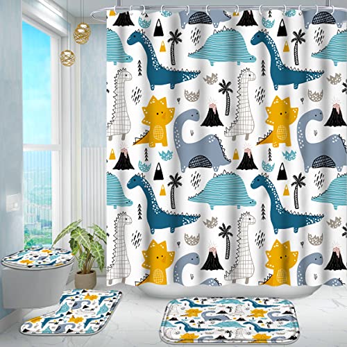 Image of Poedist 4 Pcs Bathroom Shower Curtain Set,Kid's Bathroom Set,Shower Curtain Sets with Rugs(Bath Mat,U Shape and Toilet Lid Cover Mat) and 12 Hooks,Grey Cartoon Dinosaur Style
