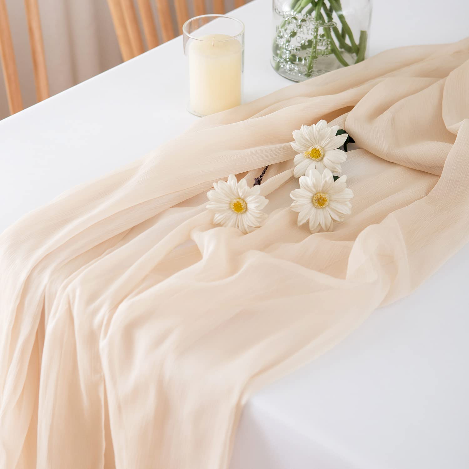 CHUQING Runner da Tavolo in Chiffon in Beige Naturale, Sottile, per Compleanni, Matrimoni, 70 x 300 cm, Champagne