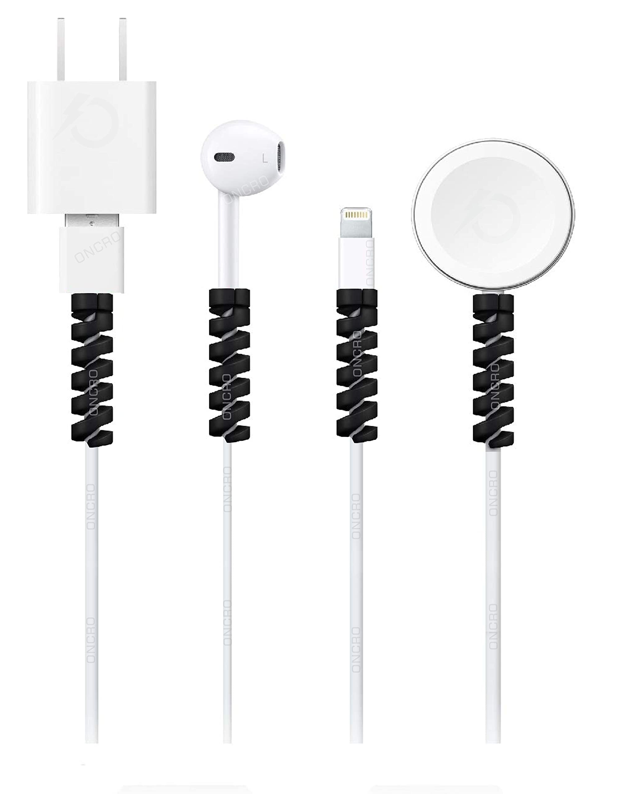ONCRO® Pack of 4 pcs, Black, Spiral Charger and USB Cable Protector for iPh- phone, Light_ning, Android, Smartphones, Earphones. Multipurpose Spring Style Silicone Cable Protector-image-24