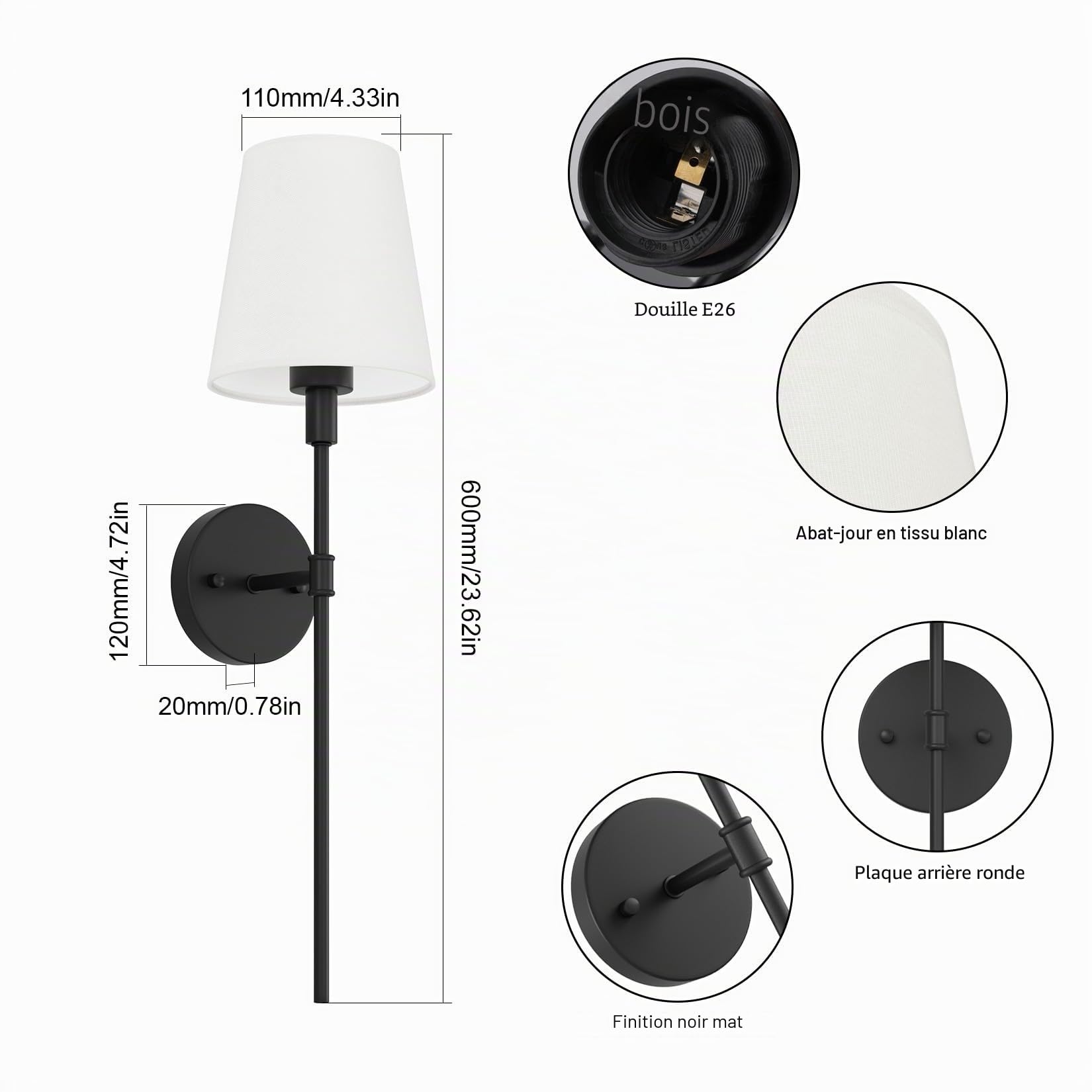 Aipsun 2 PCS 5500mAh Applique murale à piles avec abat-jour en tissu blanc,dimmable,Appliques murales sans fil avec télécommande,pour chambre à coucher,salle de bain,salon(Noir)