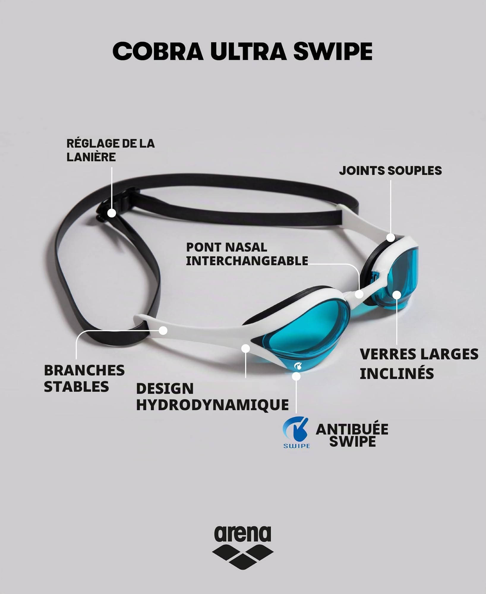 Arena Lunettes de natation unisexes Cobra Ultra Swipe Racing pour homme et femme, technologie anti-buée en polycarbonate, verres antimiroir, bleu roi/cyber citron