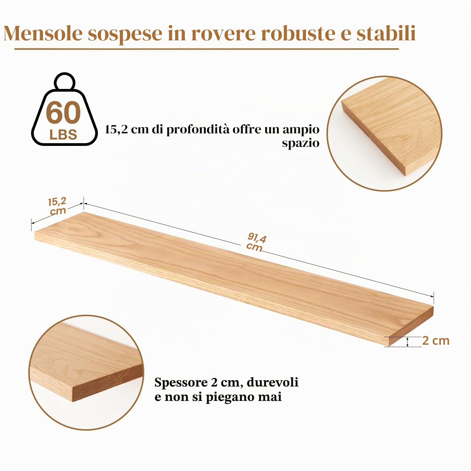 Mensola da Muro di Quercia, Mensola da Parete, Scaffale Galleggiante in Legno Massello per camera da letto, soggiorno, cucina, ufficio a casa, lavanderia (90 cm)