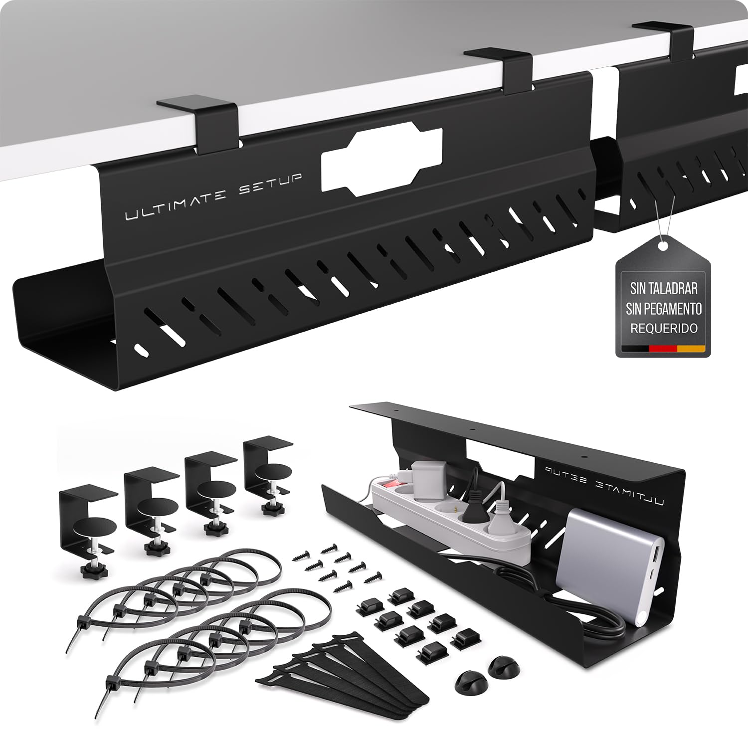Organizador Cables Escritorio – Bandeja bajo Mesa (Negro, 2 Unidades)