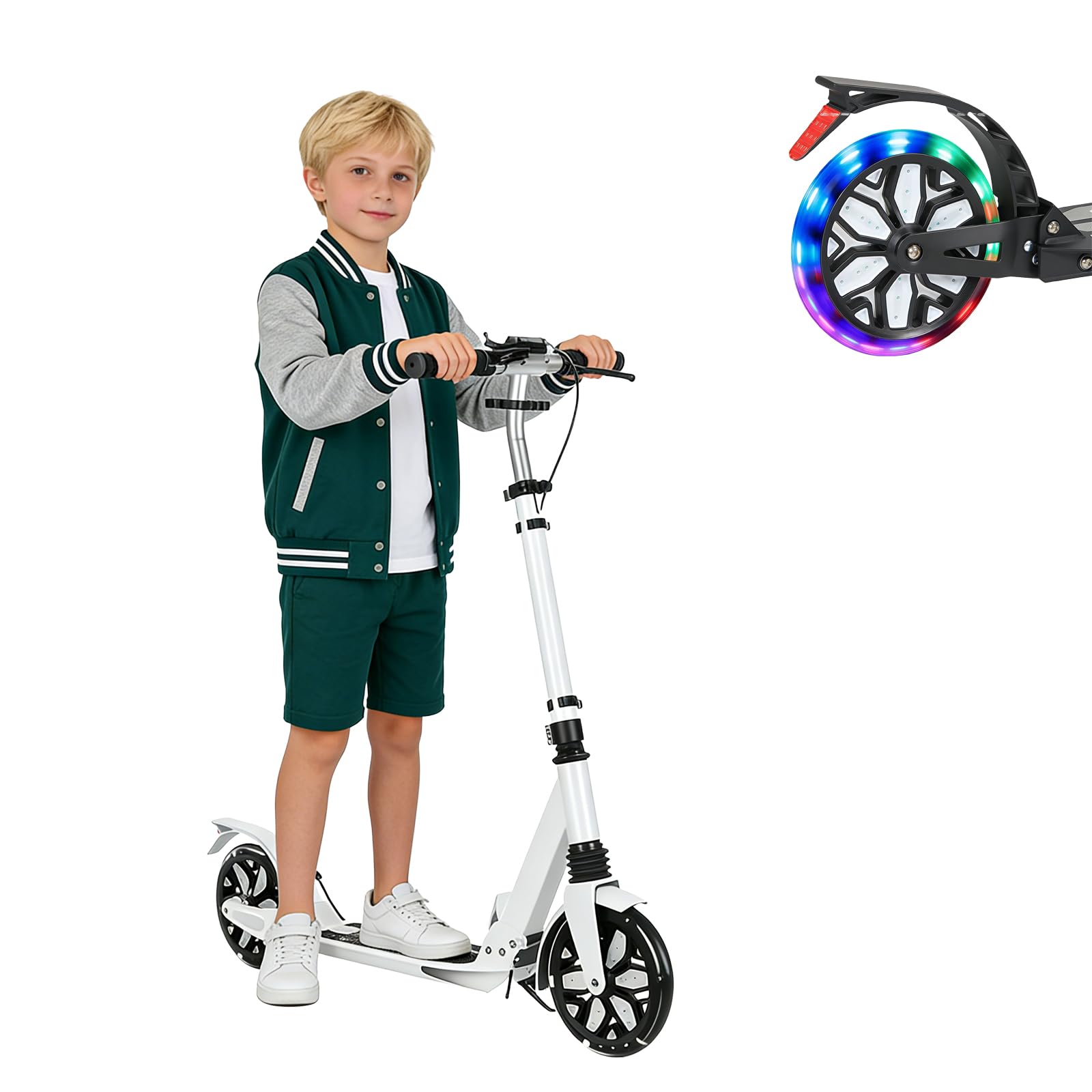 Kick Scooter for Ages 13+, Teens and Adults. Led Light Up Wheels, 4 Levels Adjustable Handlebar, Dual Brakes, Anti-Slip Pedal, Foldable 8in Big Wheels for Kids (300lbs)