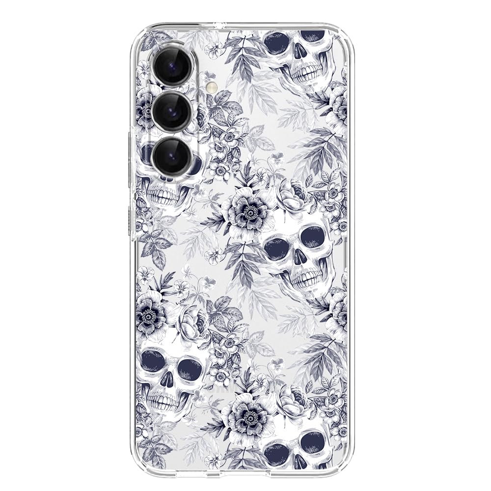 Blingy's for Samsung Galaxy S25 Plus Case, Retro Floral Skull Design Vintage Art Style Transparent Soft TPU Protective Clear Case 6.7 Inch (White