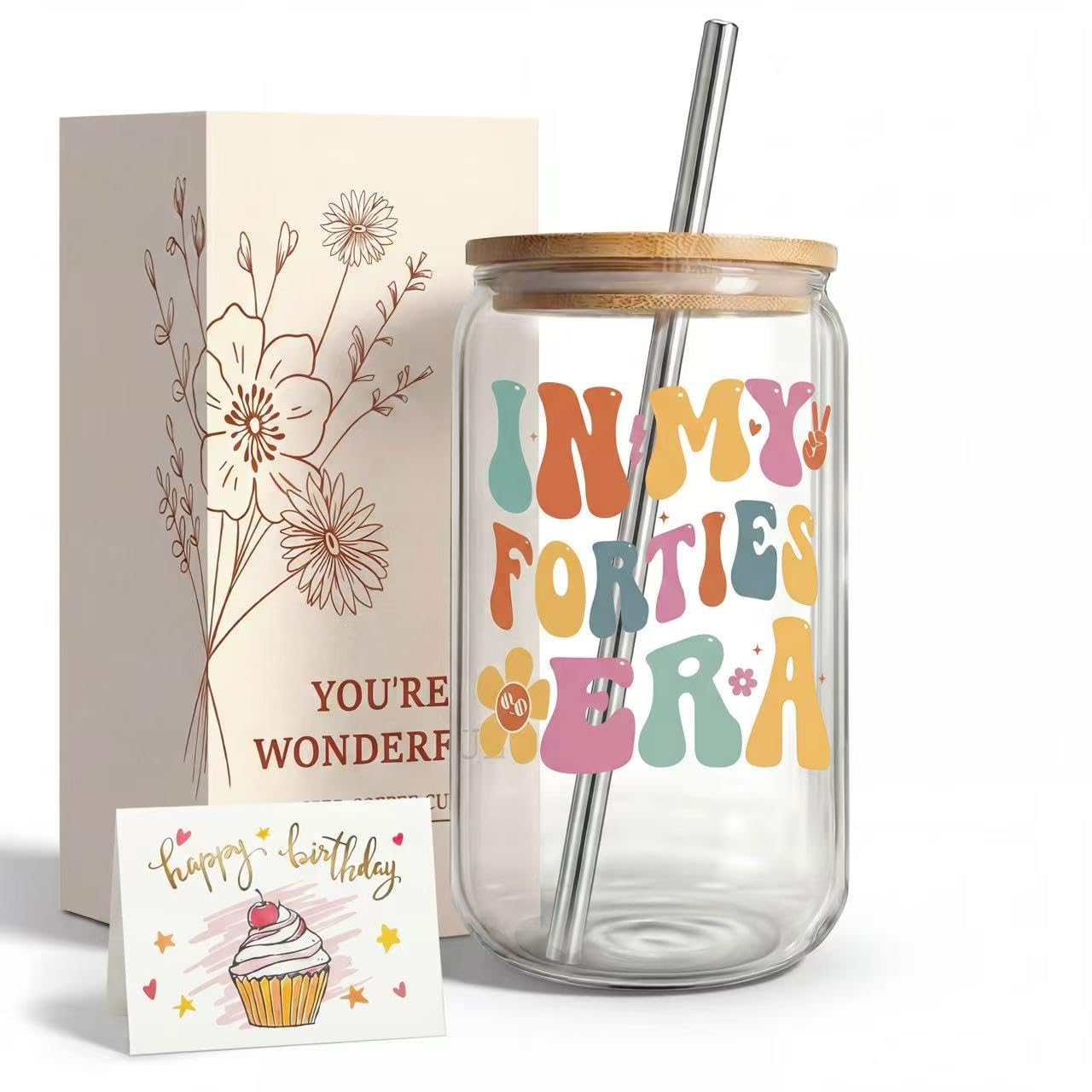 ZUFIO 40th Birthday Gifts for Women- 16oz in My Forties Era Glass Tumbler with Lid & Straw- Cute 40th Birthday Gift for Best Friend, Mum, Sister, Unique Iced Coffee Cup Set with Greeting Card โ image 1