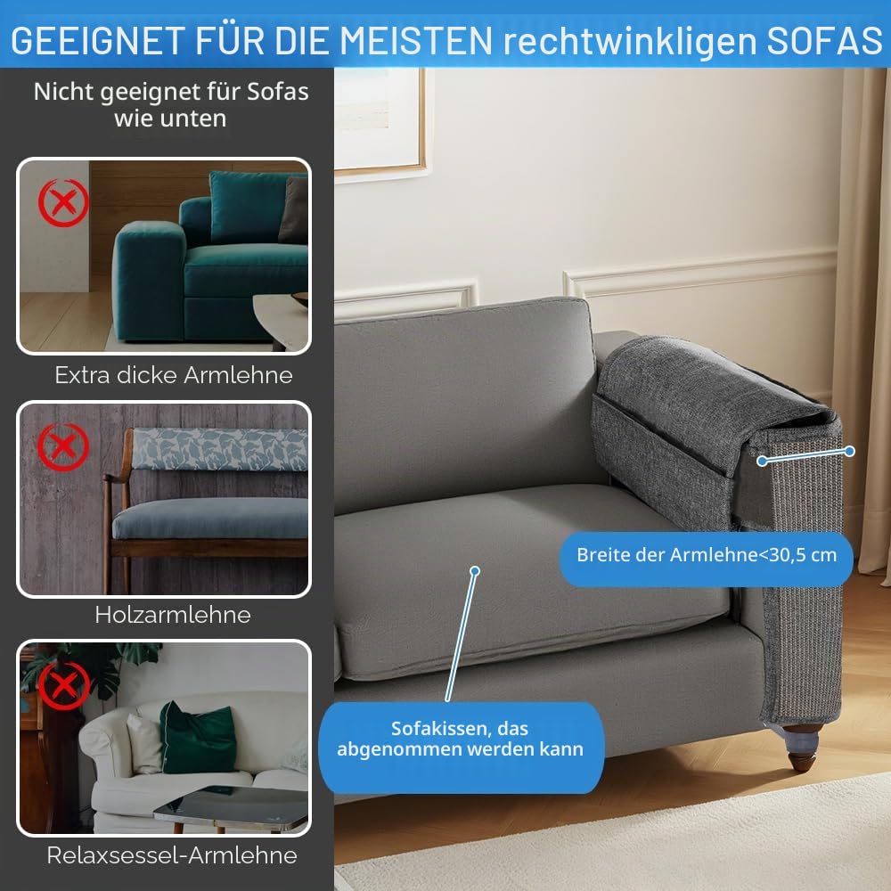 NATUYA Kratzschutz Sofa Katze Möbelschoner von Katzen - Katzenmöbel Schutz,Kann entfernt Werden, ohne das Sofa zu beschädigen (Ganz grau, Rechts)