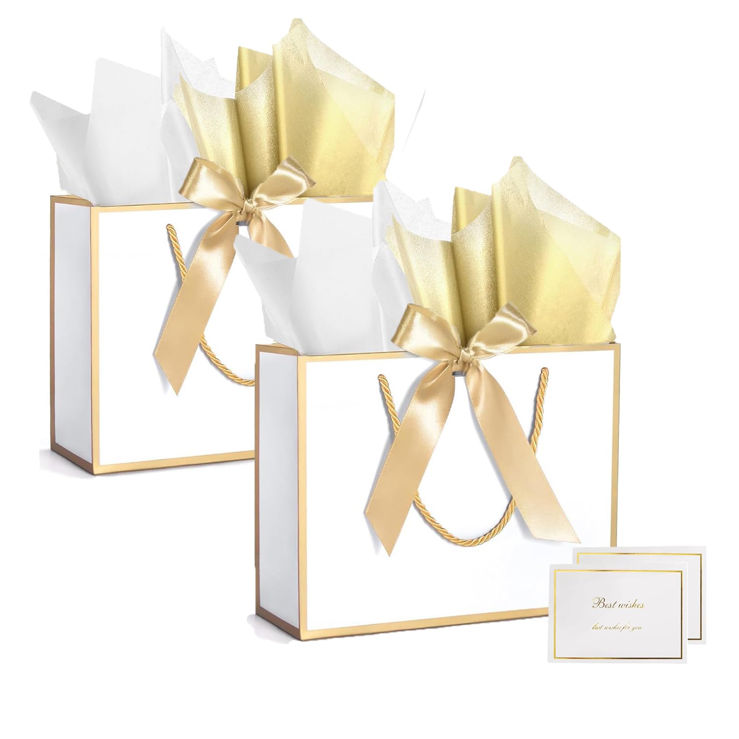 2 Pcs Medium Gift Bags with Tissue Paper and Greeting Cards for Present, Paper Gift Bags with Handles and Bow Ribbon for Wedding Birthday Baby Shower Bridesmaid Party (White, Gold, 2 Pack)