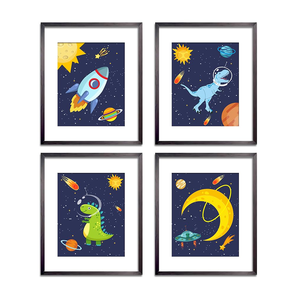 heshengzaixian Dinosaur Wall Art Posters, Space Dino Prints Picture for Boys Bedroom,Gift for Kids, Astronaut Decorate,Solar System Painting for Nursery Classroom, Set Of 4 Unframed(8X10inch,)