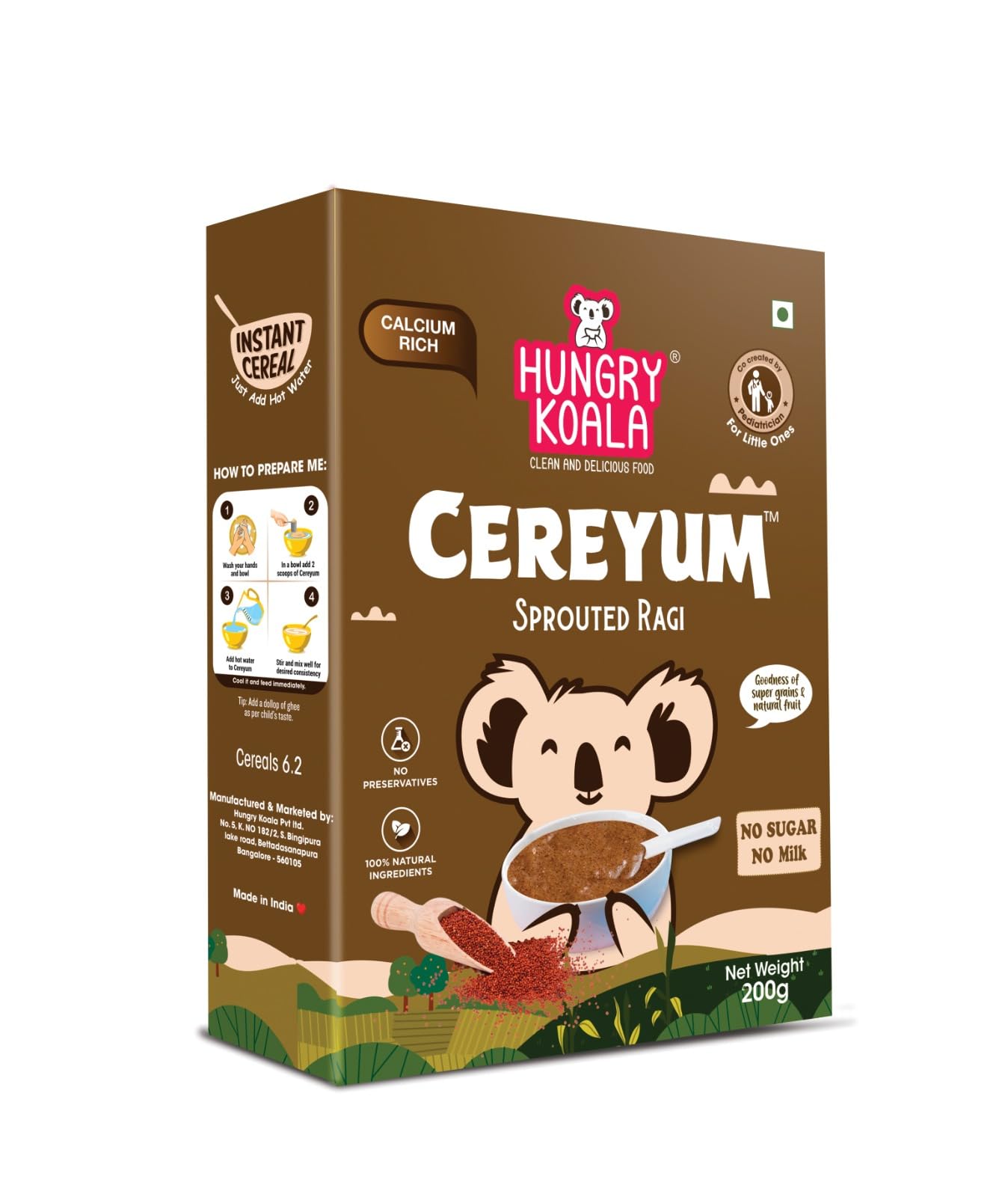 Hungry Koala Sprouted Ragi Powder | Sprouted Finger Millet Flour | Whole Grain Ragi | Rich in Calcium & Fibre | No Artificial Additives | Instant Breakfast Mix | 200 g