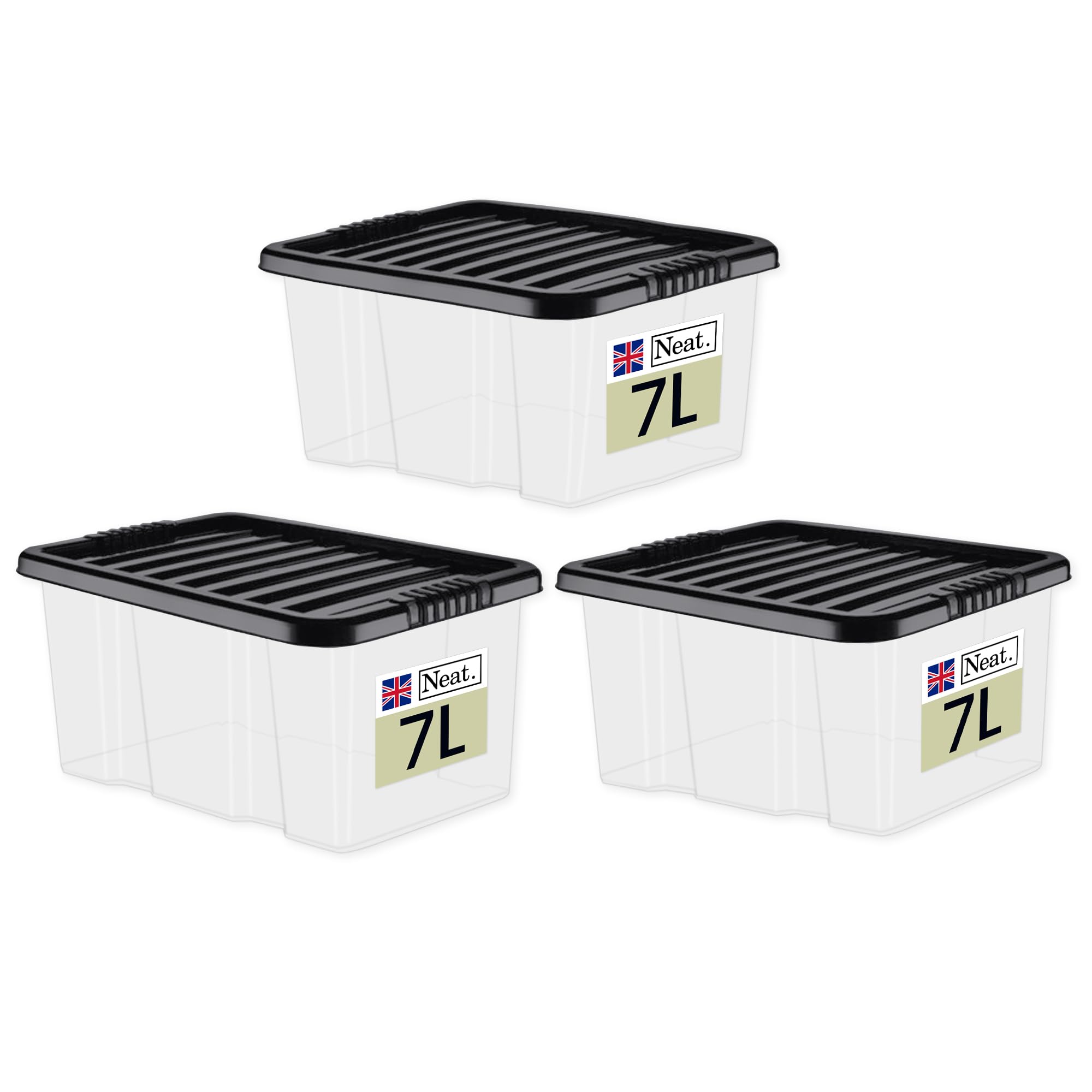 Neat. Plastics 7L Heavy Duty Storage Box, Clear Base, Black Lid - Organise Easily with Plastic Storage Box, Ideal Clear Boxes for Storage, Durable Plastic Boxes with Lids, Pack of 3