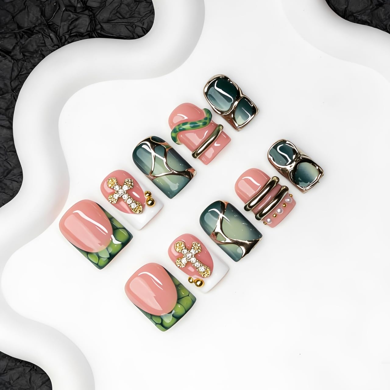 Handmade Square Press on Nails Green French Tip Short Stick on Nail 3D Silver Embossed Designs Luxury Rhinestone Pearl False Nails Muti-Layer Gel Acrylic Nails for Women Manicuare 10 Pcs（M)
