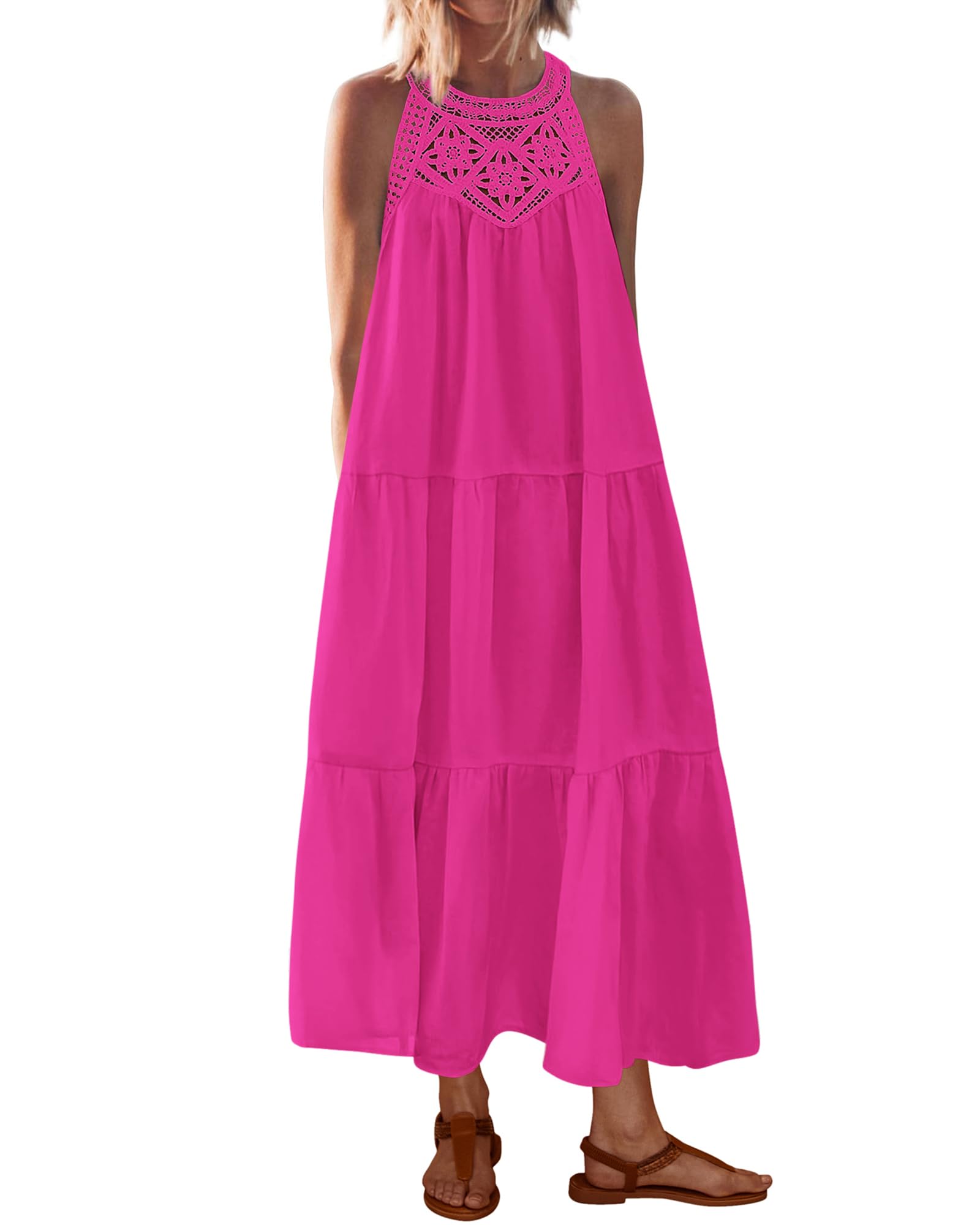 BTFBM Summer Halter Dresses for Women 2025 Casual Spring Hollow Out Sleeveless Boho Sundresses Beach Vacation Maxi Dress