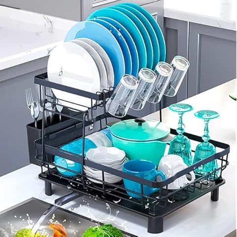 Marctani Escurreplatos Acero Inoxidable de 2 Niveles con Soporte para Cubiertos Extraíble Cover