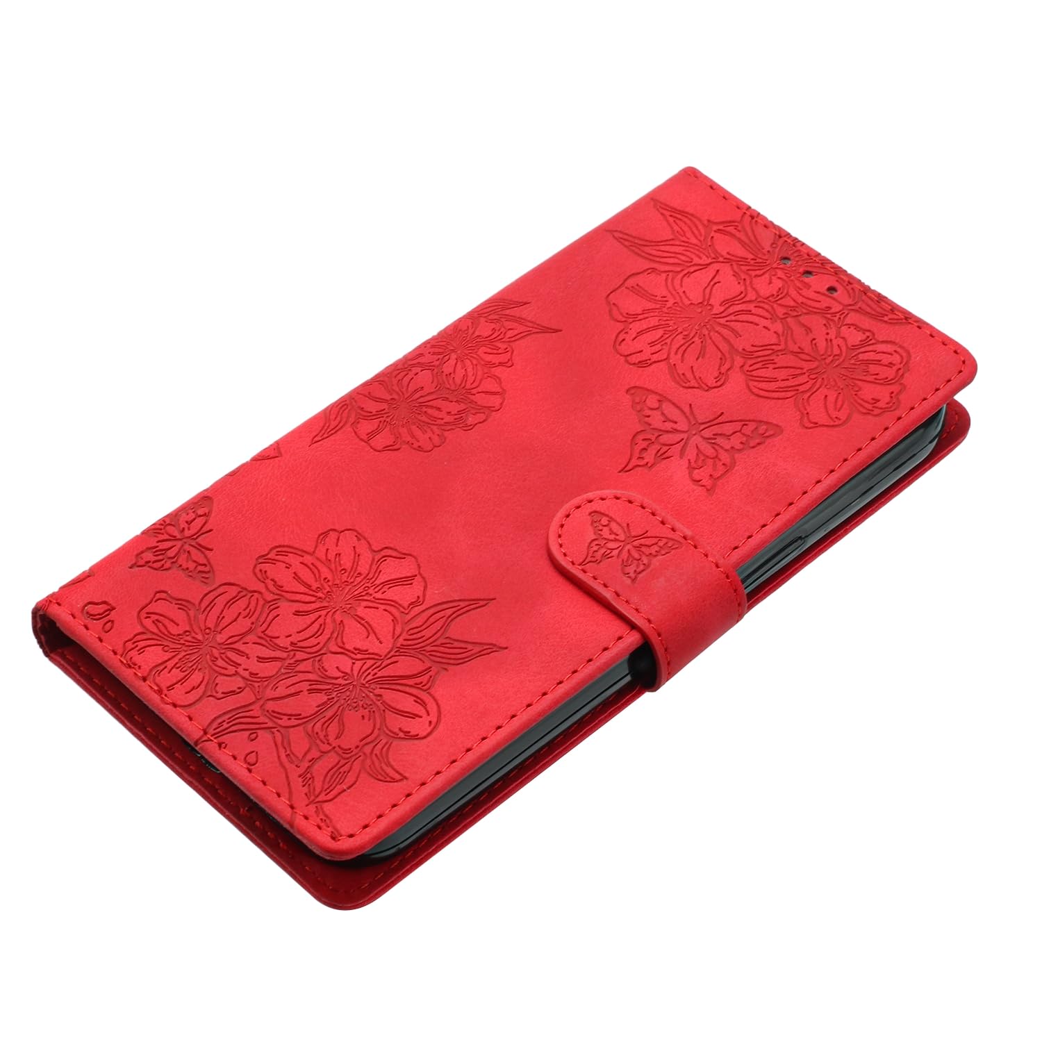 Custodia IPhone 16 IMEIKONST Con Portafoglio A Libro, Cover Magnetica In Pelle Con Fessure Per Schede E Supporto, Modello Butterfly Floreale Rosso