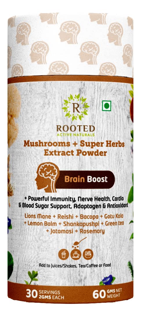 Rooted Brain Boost Blend | Mushroom + Sup er Herbs Extract Powder | Supports Cognitive Health | Nootropic |for Brain & Nerve Health, Memory & Focus| Helps in Immunity & Cardio Health | 60 Gm