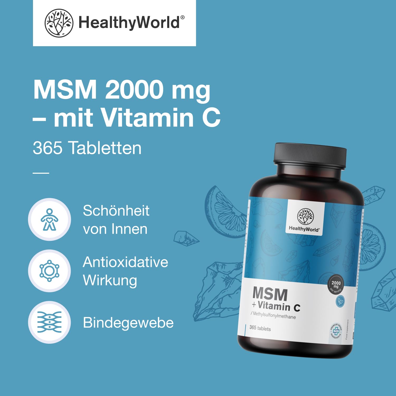 HealthyWorld MSM 2000 mg - Mit Vitamin C - 365 Tabletten - 6 Monate Vorrat - Hohe Konzentration - 2000 mg pro Tagesdosis - Vegetarisch - Ohne Zusätze - Schönheitsmineral