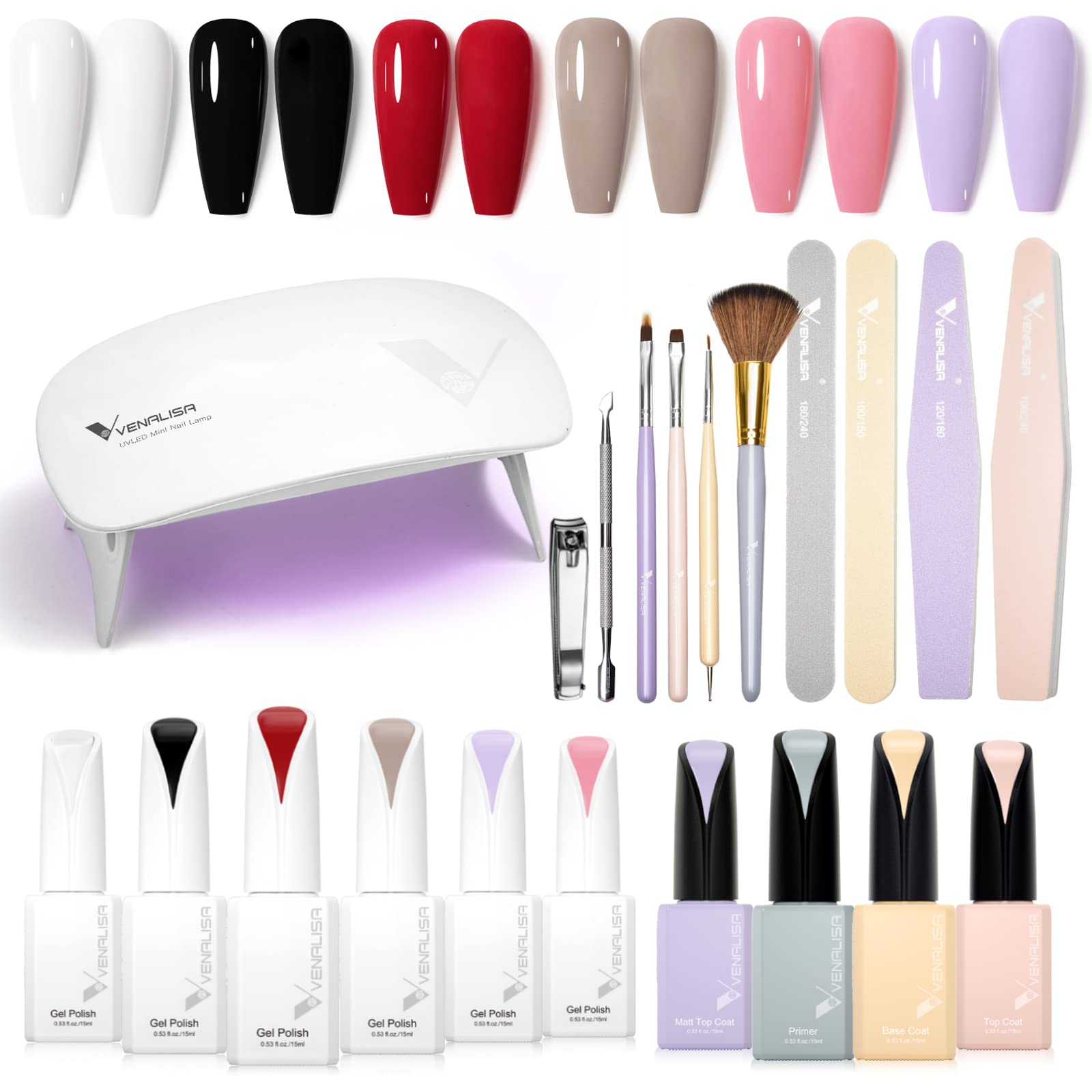 Venalisa Kit uñas Semipermanentes - 6 Colores Esmaltes Semipermanentes de Uñas en Gel UV LED Negro blanco rojo marrón morado rosa con luz LED de 6W y TOP Coat Base Coat Matt Primer