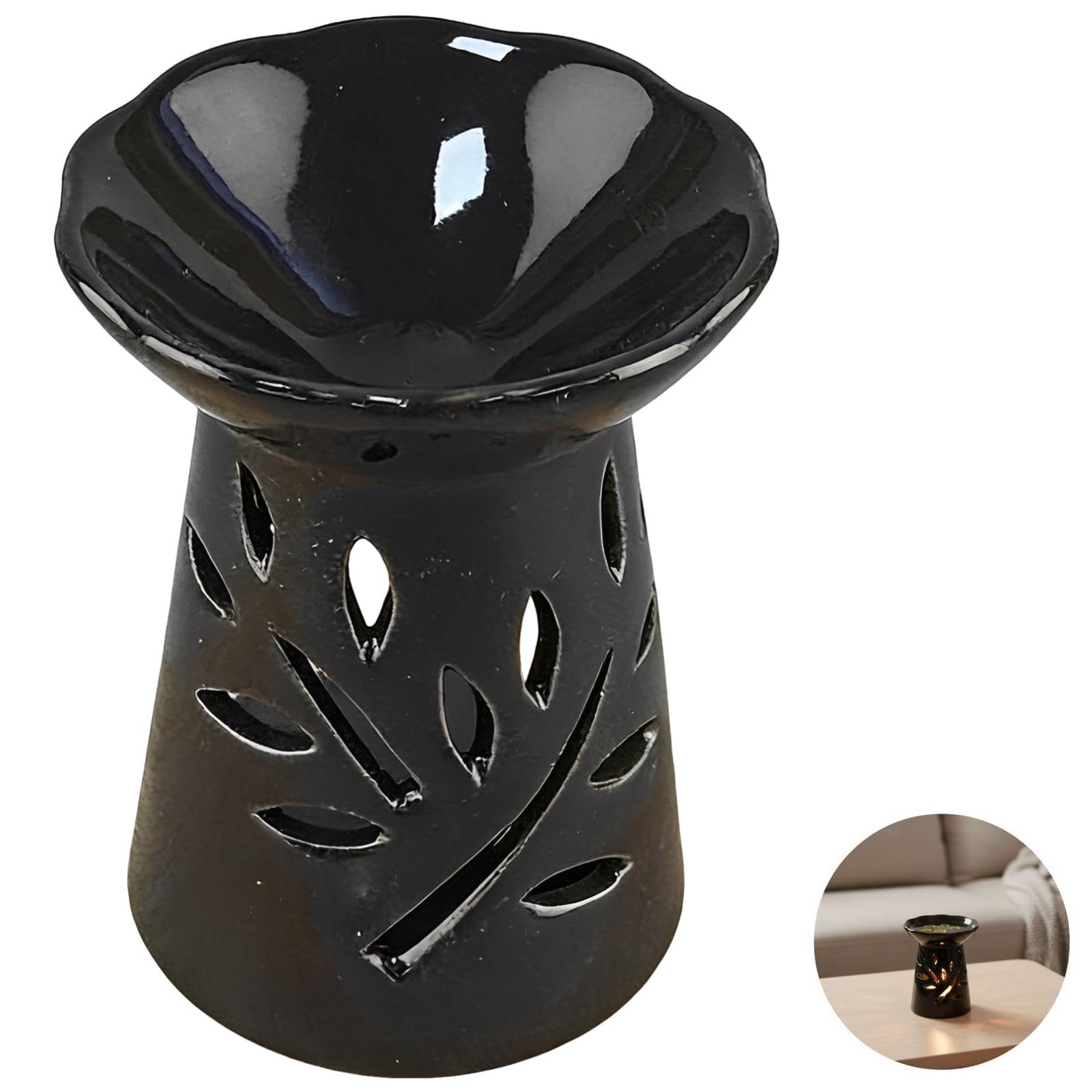 Keramik-Ölbrenner, schwarzer Wachs-Ölbrenner mit floralen Ausschnitten, Duftdiffusor für ätherische Öle, romantischer Kerzenhalter für Home Spa, Büro, Meditation, 8 x 8 x 9,5 cm