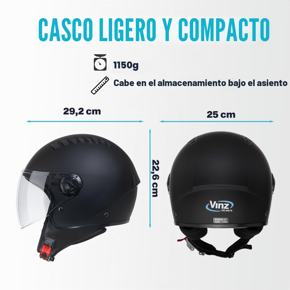 VINZ Como Casco Jet con Visera | Casco Scooter & Moto & Ciclomotor | ECE 22.06 Homologado | En Tamaño XS - XL | para Hombre y Mujer - Negro Mate