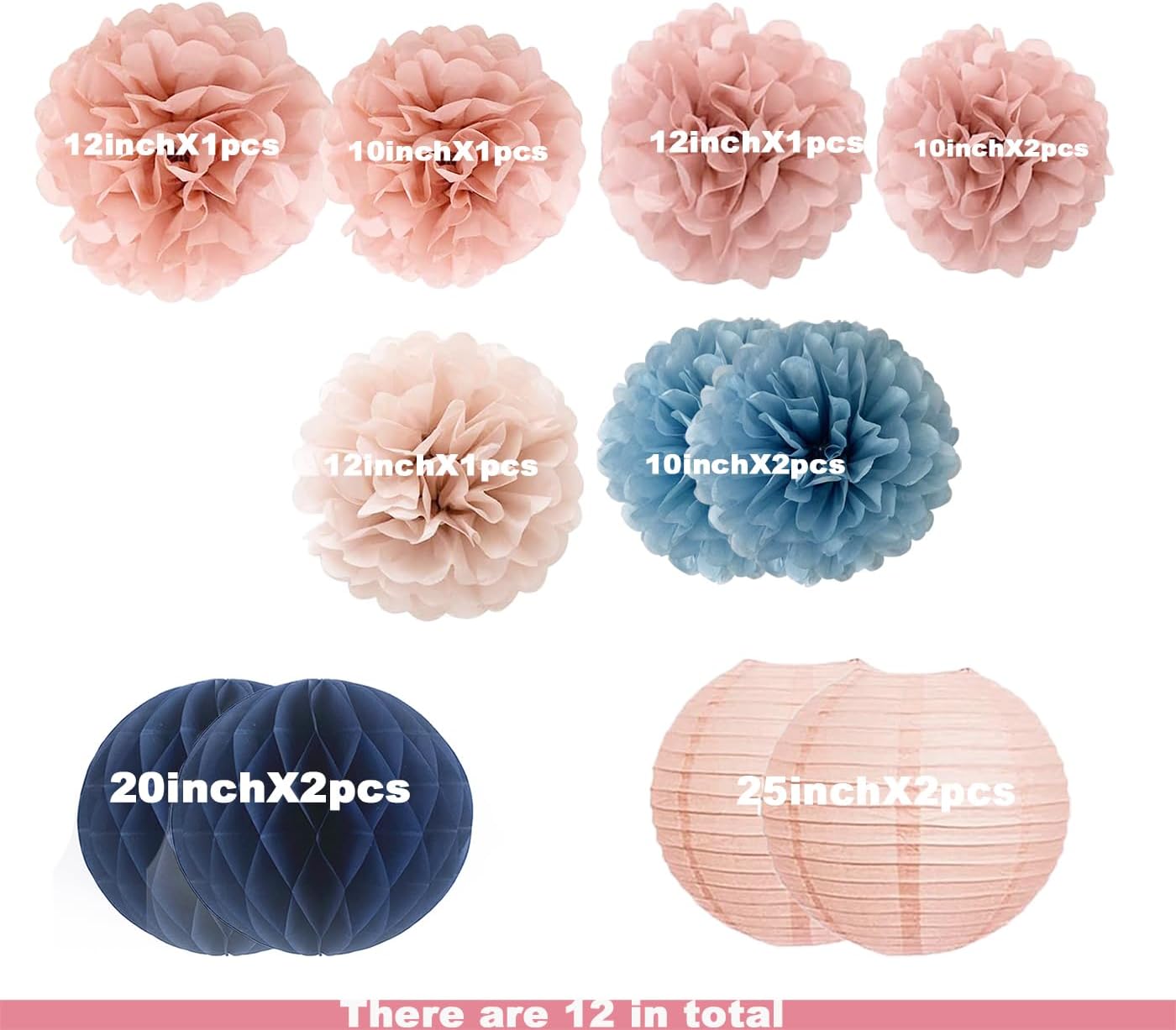 Dusty Pink Blue Hanging Party Decorations with Tissue pom poms and Paper Lantern for Bridal Baby Shower Gender Reveal Birthday Decor Supplies (Dusty blue + Rose gold)