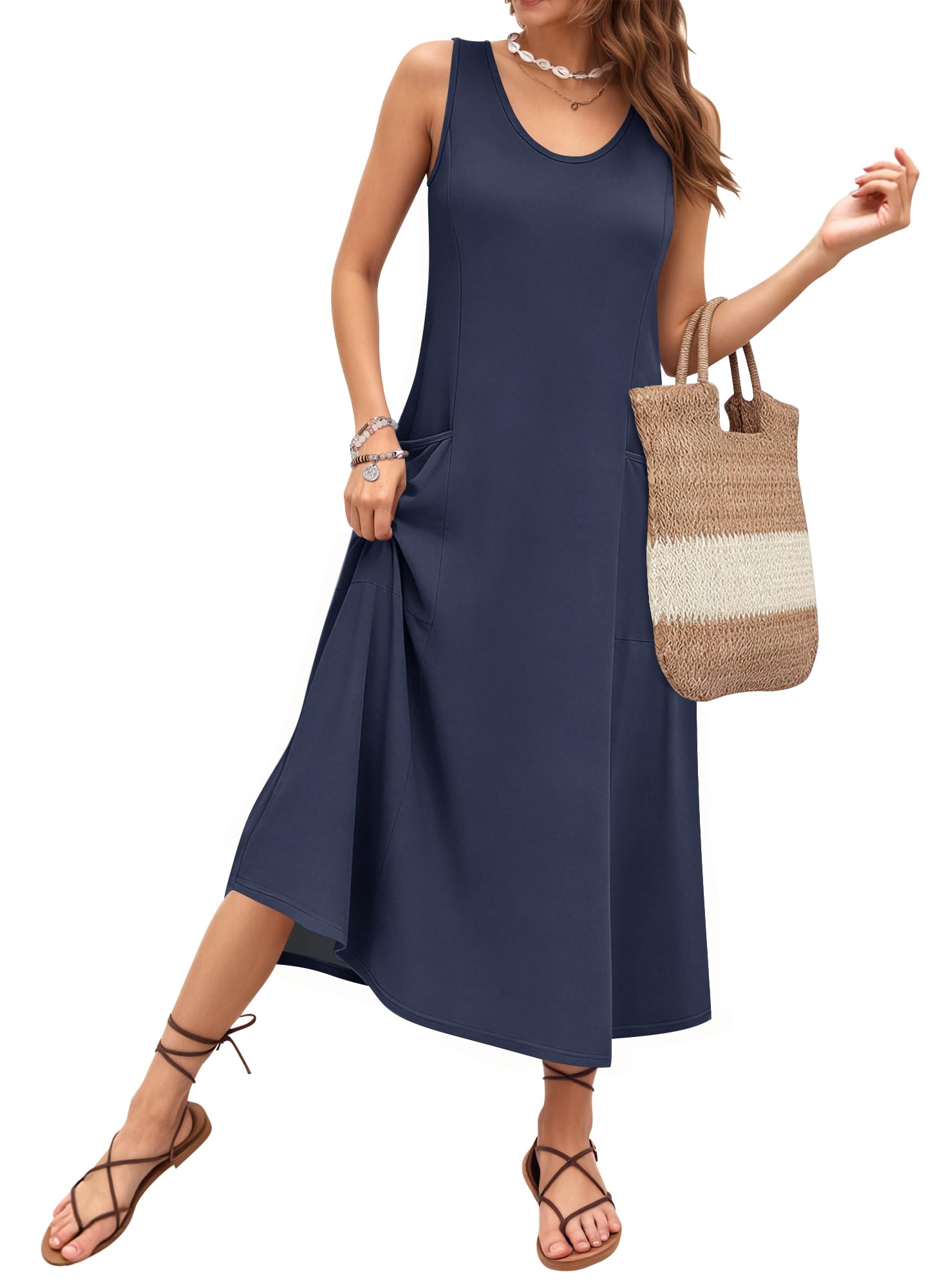 AUSELILY Sommerkleid Damen Lang Ärmellose Lockeres Maxikleider Damen Sommer U-Ausschnitt A Linien Strandkleid Damen Luftig Urlaubskleid mit Taschen