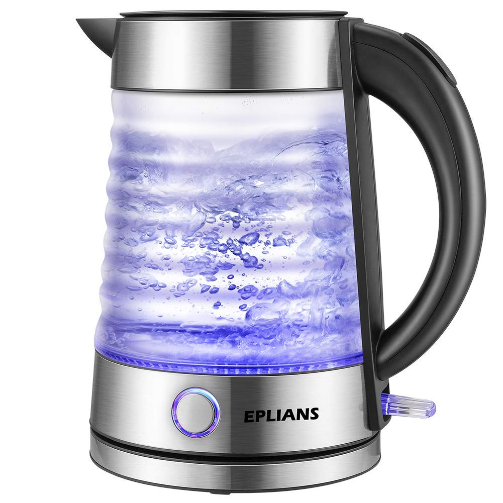 Electric Kettle, EPLIANS LED-Lit Fast Water Boiler, Quick-Boil Glass Tea Kettle with Atmospheric Illumination, 1500 W Enclosed Heating Element and Cool Touch Handle, 1.7 L (Silver)