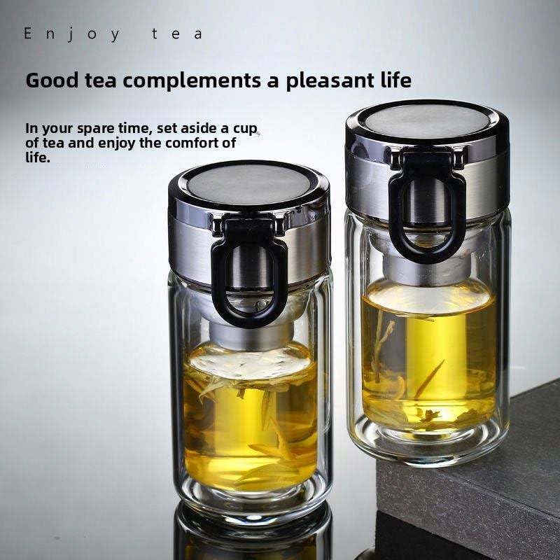Image of NYRWANA Double Wall Borosilicate Glass Tea & Coffee Mug with Lid & Tea Infuser | 200 ml Portable Glass Tumbler | Leak-Resistant Screw Cap | Insulated Travel Cup with Handle for Office, Home & Car