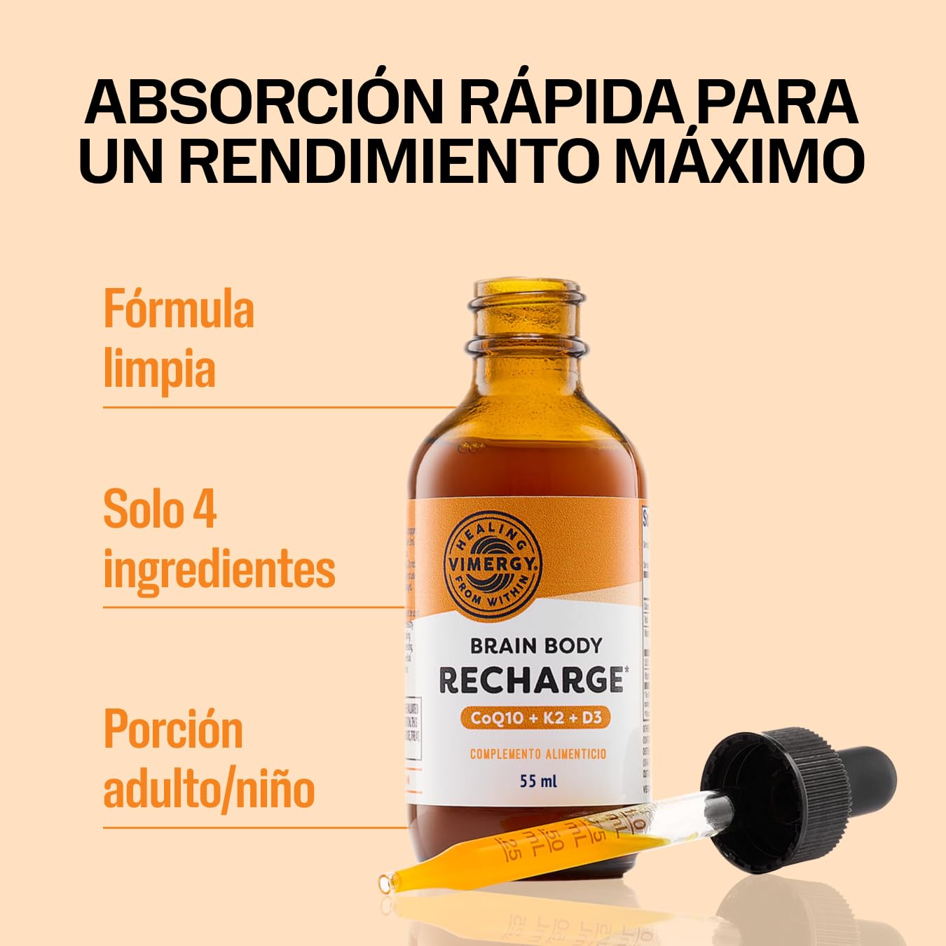 Vimergy Brain Body Recharge* – con vitamina D3, K2 y CoQ10 – Refuerza músculos y huesos – Protege contra los radicales libres – Vegano y sin gluten – 55 mL