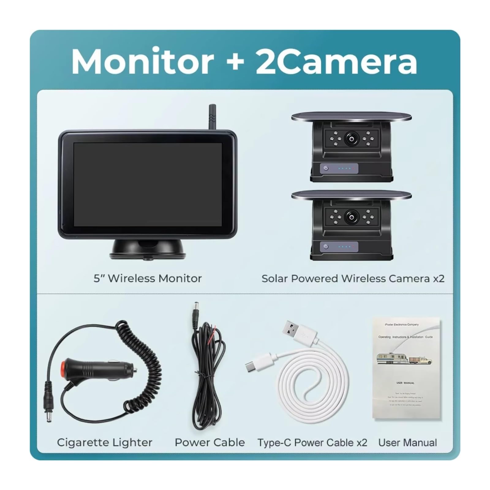 Kit Cámaras Visión Nocturna Infrarrojas Monitor DVR Inalámbrico 5'' Imán Solar para Camiones Autobuses Remolques Autocaravanas Camara Marcha Atras(Monitor Add 2 Camera)