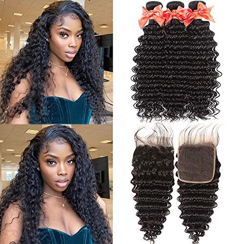 9A Brazilian Virgin Hair Deep Wave 3 Bundles with Free Part Closure(18 20 22 +16 Closure) 100% Unprocessed Natural Color Can Be Dyed and Bleached