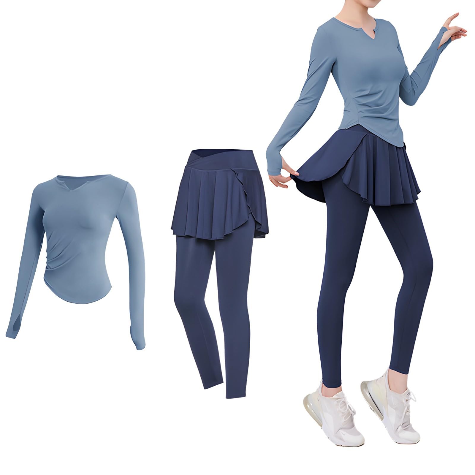 Completo da pilates nero da donna, taglia XXL, con top a maniche lunghe, gonna e leggings, traspirante e traspirante, per 61-68 kg